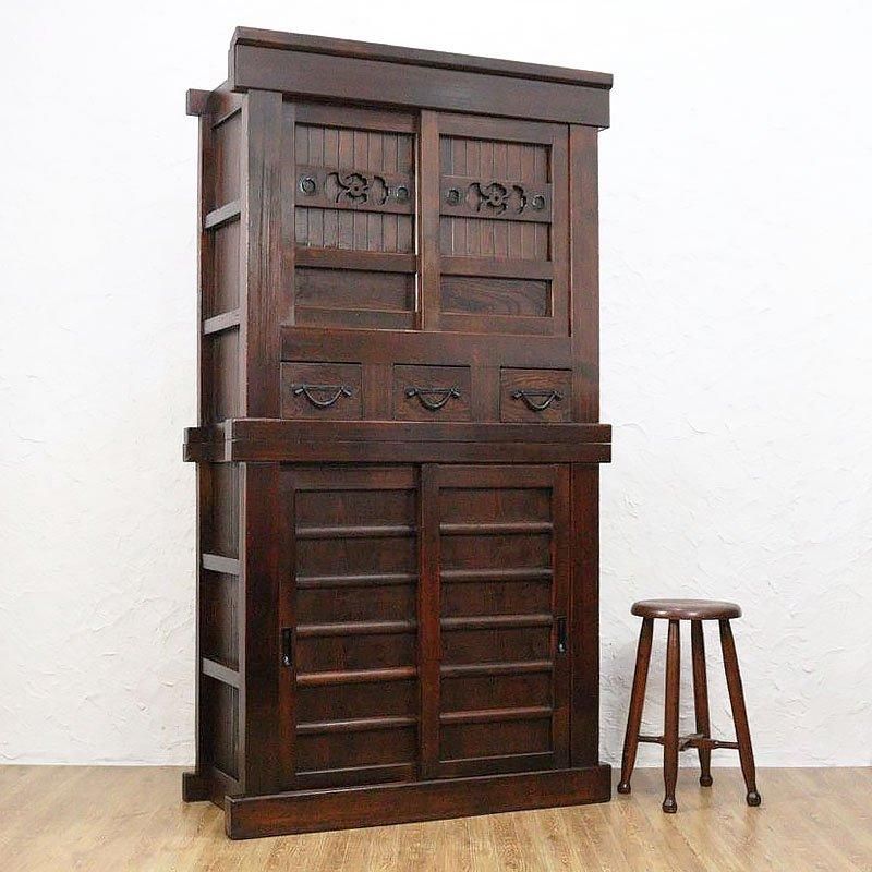 キャビネット 三尺膳棚 水屋箪笥 明治大正 二段重ね 重厚感