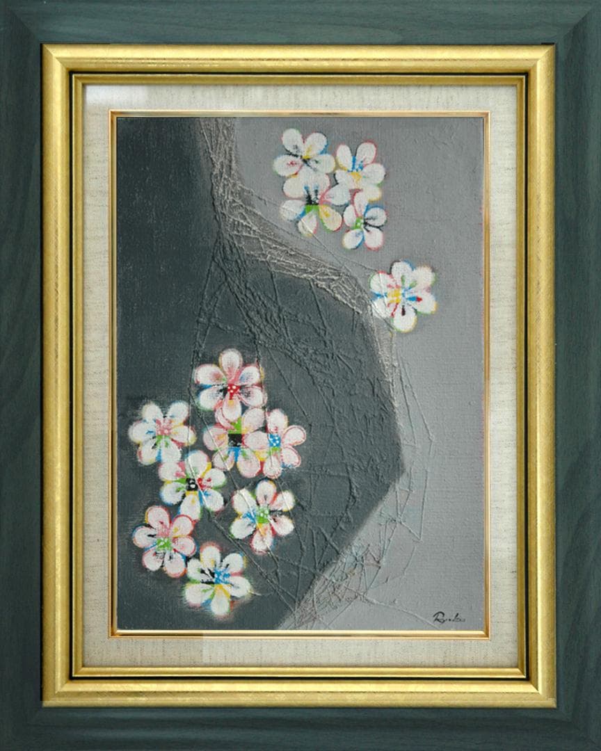 油絵 菅家令子 絵画 インテリア額付(青緑＋金色の枠) F4-090516 花