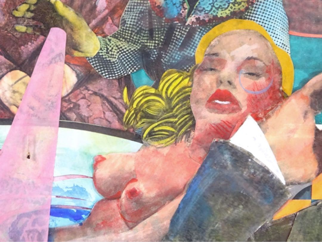 【木村タカヒロ】作 紙にコラージュ『HAND POWER』裸婦 直筆サイン 額装